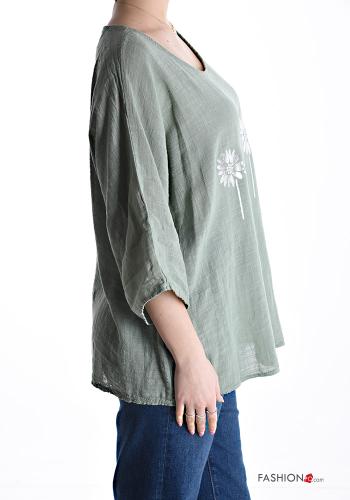Patterned oversized crew neck Cotton Blouse 3/4 sleeve - ph 3