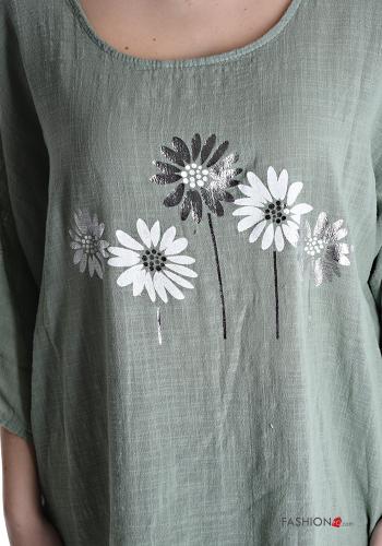 Patterned oversized crew neck Cotton Blouse 3/4 sleeve - ph 4