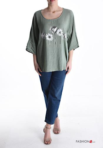Patterned oversized crew neck Cotton Blouse 3/4 sleeve - ph 5