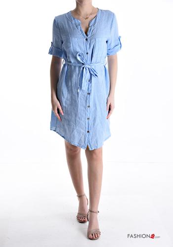 Abito chemisier in Lino maniche corte al ginocchio con bottoni con cintura in stoffa