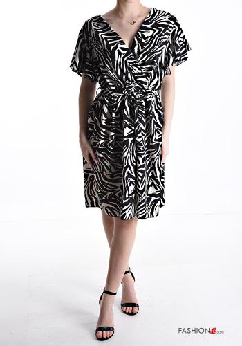 Robe manches courtes à genoux Imprimé animalier à col en V avec ceinture en tissu - ph 1