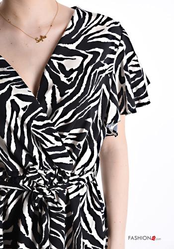 Robe manches courtes à genoux Imprimé animalier à col en V avec ceinture en tissu - ph 4