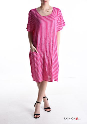Robe en Coton maxi col rond manches courtes Imprimé à rayures avec poches - ph 1