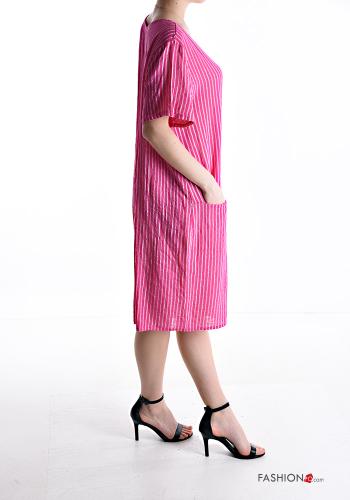 Robe en Coton maxi col rond manches courtes Imprimé à rayures avec poches - ph 3