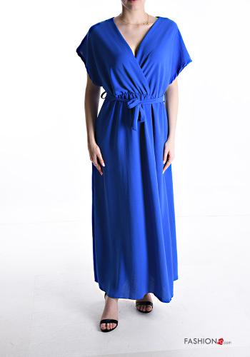 Abito maniche corte lungo scollo a V con cintura in stoffa