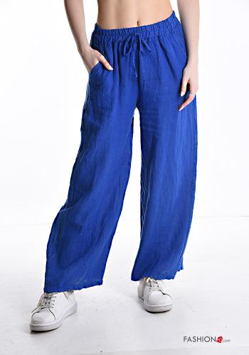 Pantalone in Lino wide leg con tasche con elastico