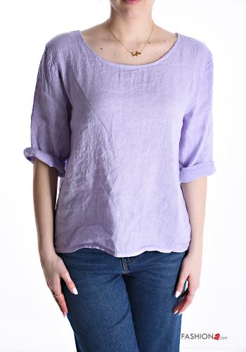 Blusa de Lino cuello redondo con botones manga tres cuartos - ph 1