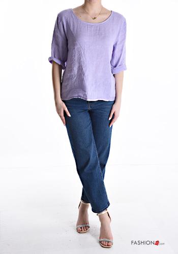 Blusa de Lino cuello redondo con botones manga tres cuartos - ph 5