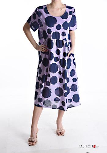 Polka-dot short sleeve crew neck Cotton Dress with pockets - ph 1