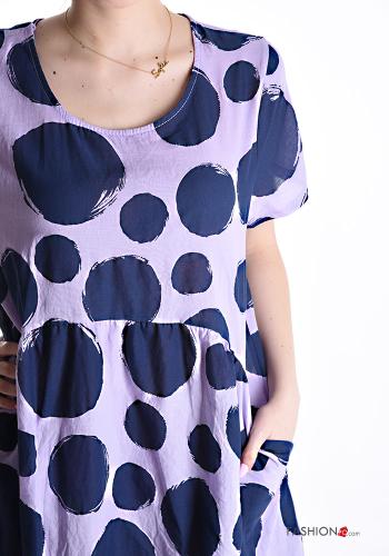Polka-dot short sleeve crew neck Cotton Dress with pockets - ph 4