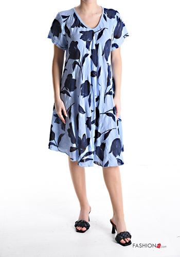 Abito in Cotone al ginocchio oversize maniche corte Fantasia floreale scollo a V - ph 1