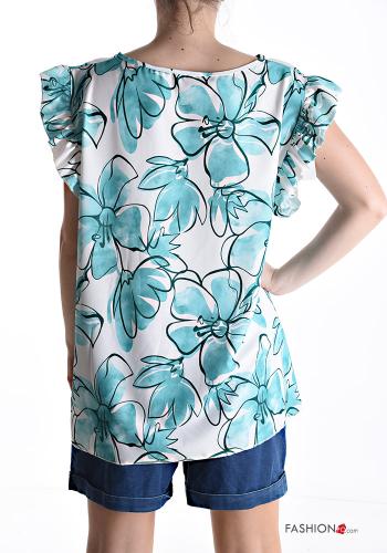 Floral short sleeve crew neck ruffle sleeve Blouse - ph 2