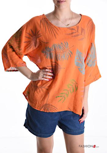 Blouse en Coton col rond Imprimé feuilles manches à trois-quarts - ph 1