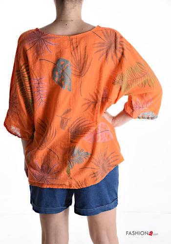 Blouse en Coton col rond Imprimé feuilles manches à trois-quarts - ph 2