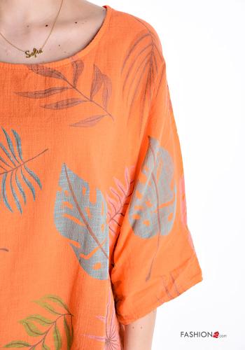 Blouse en Coton col rond Imprimé feuilles manches à trois-quarts - ph 4