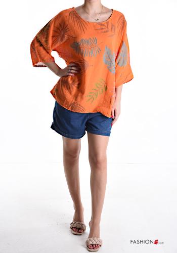 Blouse en Coton col rond Imprimé feuilles manches à trois-quarts - ph 5