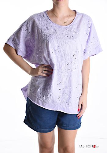 Blouse en Coton manches courtes col rond à broderie broderie anglaise