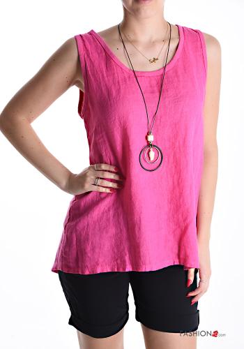 crew neck Linen Tank-Top with necklace