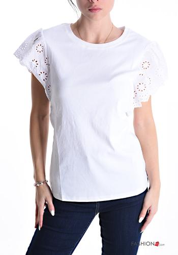 ruffle sleeve Cotton T-shirt broderie anglaise