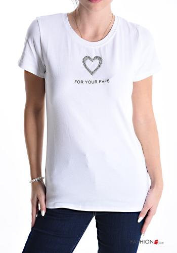 Lettering print Cotton T-shirt with rhinestones
