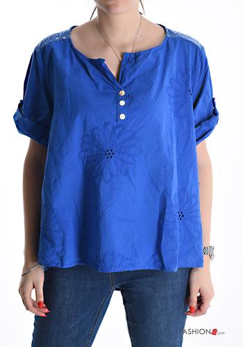 Camicia in Cotone maniche corte girocollo Fantasia ricamata con paillettes con bottoni