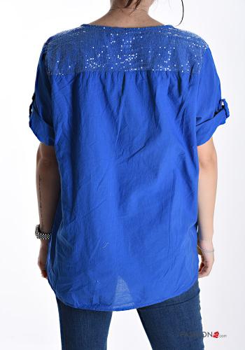 Camicia in Cotone maniche corte girocollo Fantasia ricamata con paillettes con bottoni - ph 2