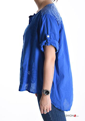 Camicia in Cotone maniche corte girocollo Fantasia ricamata con paillettes con bottoni - ph 3