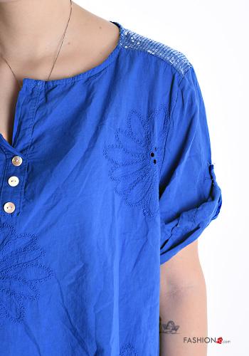 Camicia in Cotone maniche corte girocollo Fantasia ricamata con paillettes con bottoni - ph 4