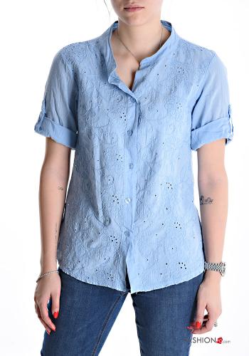 Camisa de Algodón manga corta Patrón bordado con botones
