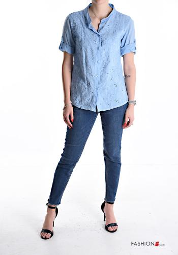 Camisa de Algodón manga corta Patrón bordado con botones - ph 5