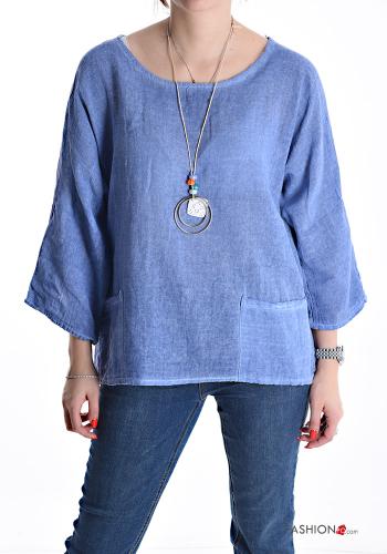 Blusa in Cotone girocollo maniche a tre quarti con collana con tasche