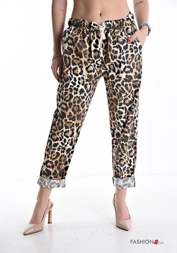 Pantalone in Cotone Fantasia animalier con elastico con tasche con coulisse