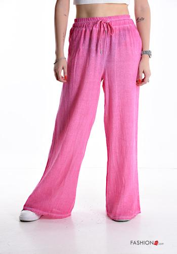wide leg Cotton Trousers with drawstring with elastic with pockets