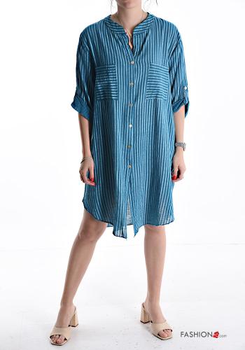 Striped knee-length Cotton Shirt dress with buttons with pockets