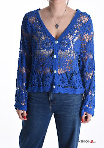Embroidered extra long sleeve Cotton Sweater with buttons broderie anglaise with v-neck - ph 1