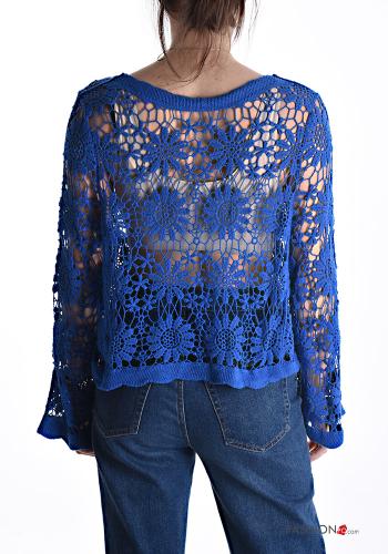 Embroidered extra long sleeve Cotton Sweater with buttons broderie anglaise with v-neck - ph 2