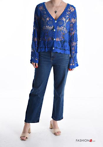 Embroidered extra long sleeve Cotton Sweater with buttons broderie anglaise with v-neck - ph 5