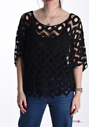 Embroidered Cotton Blouse with tank top boat neckline 3/4 sleeve - ph 1