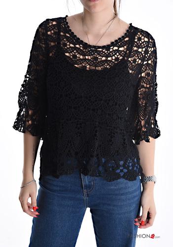 Blusa in Cotone pizzo Fantasia ricamata con canotta maniche a tre quarti