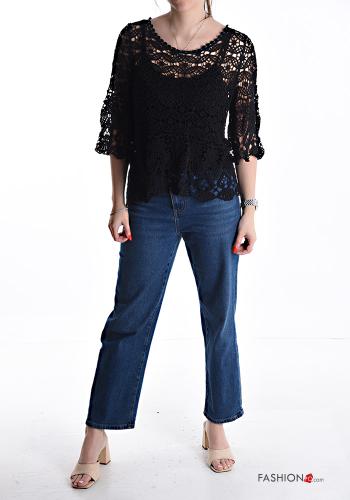 Besticktes Muster Spitze- Bluse aus Baumwolle mit tank-top 3/4 ärmel - ph 5