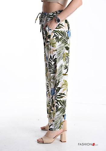 Blumenmuster wide leg Hose mit Taschen mit gummizug mit kordelzug - ph 3