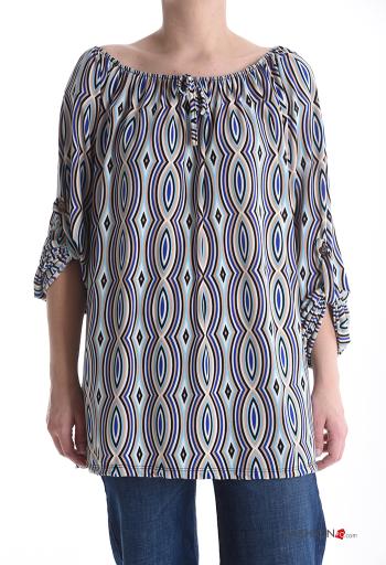 Blouse manches longues Imprimé mixte avec élastique décolleté bardot