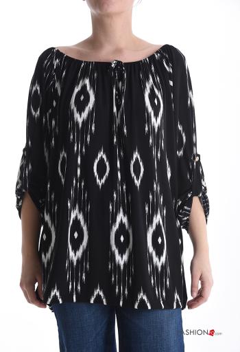 Abstract print Blouse with elastic bardot neckline