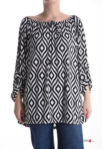 Blusa maniche lunghe Fantasia optical con elastico scollo alla bardot
