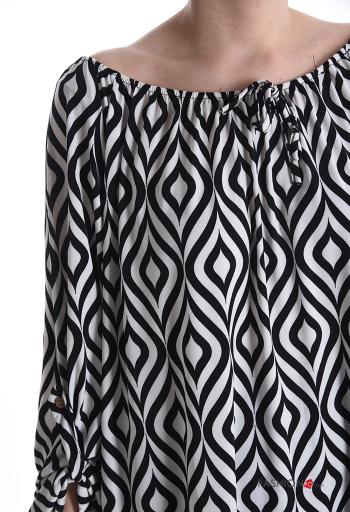 Optical Muster lange ärmel Bluse mit gummizug bardot-ausschnitt - ph 4