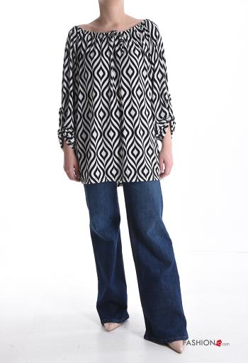 Optical Muster lange ärmel Bluse mit gummizug bardot-ausschnitt - ph 5
