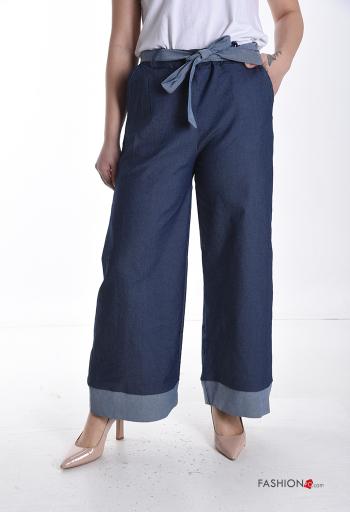 Cotton Trousers with fabric belt with elastic with pockets - ph 1