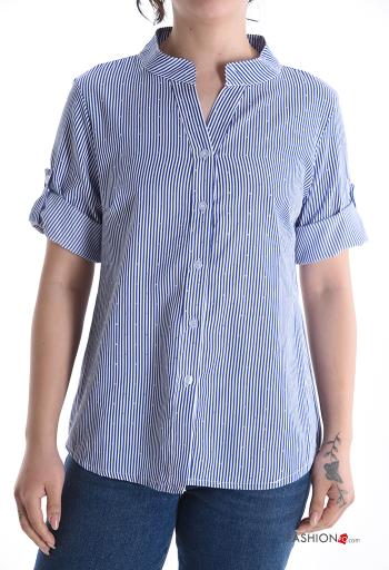 Striped short sleeve crew neck Cotton Shirt with buttons with rhinestones - ph 1