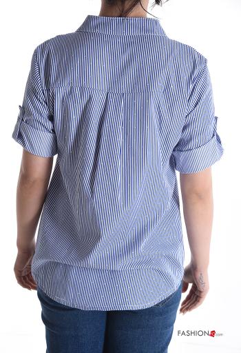 Striped short sleeve crew neck Cotton Shirt with buttons with rhinestones - ph 2