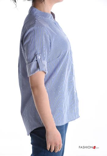 Striped short sleeve crew neck Cotton Shirt with buttons with rhinestones - ph 3